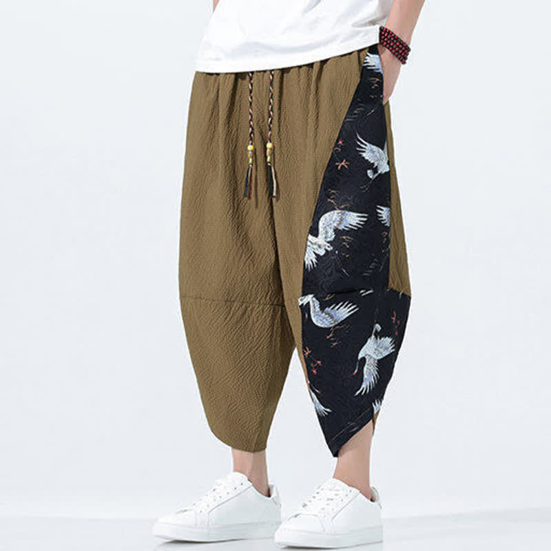 Buddha Stones 夏用ドローストリングタッセル鶴柄メンズハーレムパンツ - image 3
