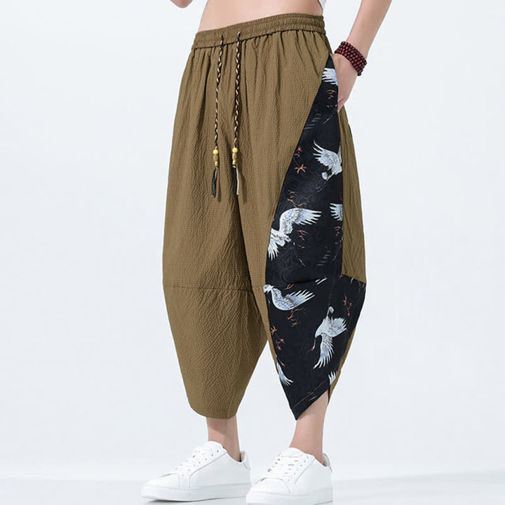 Buddha Stones 夏用ドローストリングタッセル鶴柄メンズハーレムパンツ - image 5