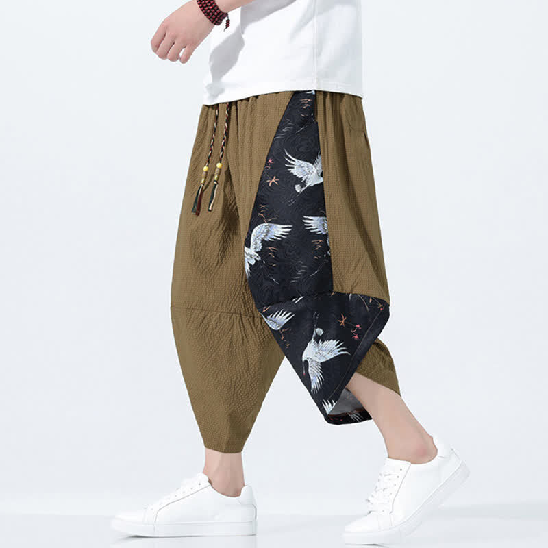 Buddha Stones 夏用ドローストリングタッセル鶴柄メンズハーレムパンツ - サドルブラウン - US/UK/AU46、 EU56 (5XL) - image 0