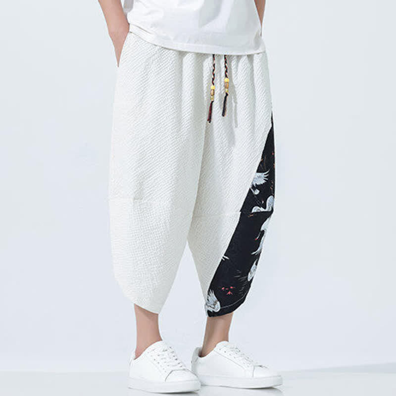 Buddha Stones 夏用ドローストリングタッセル鶴柄メンズハーレムパンツ - image 25