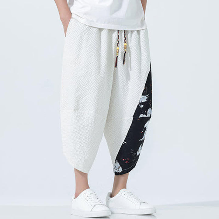 Buddha Stones 夏用ドローストリングタッセル鶴柄メンズハーレムパンツ - image 25