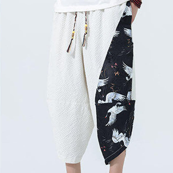 Buddha Stones 夏用ドローストリングタッセル鶴柄メンズハーレムパンツ - image 27
