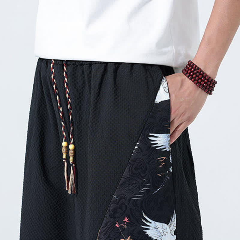 Buddha Stones 夏用ドローストリングタッセル鶴柄メンズハーレムパンツ - image 19