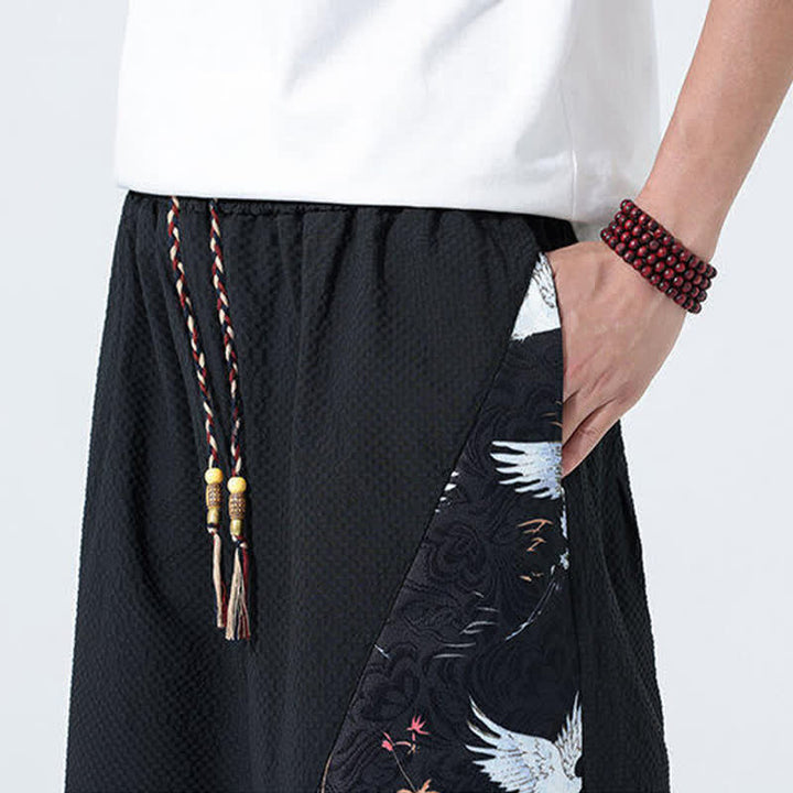 Buddha Stones 夏用ドローストリングタッセル鶴柄メンズハーレムパンツ - image 19