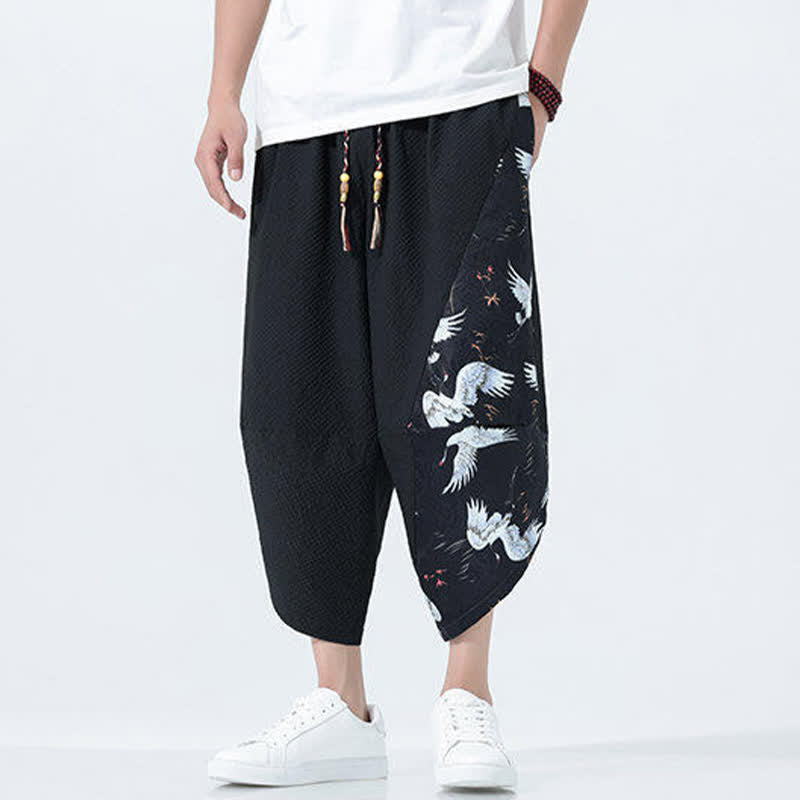 Buddha Stones 夏用ドローストリングタッセル鶴柄メンズハーレムパンツ - image 14