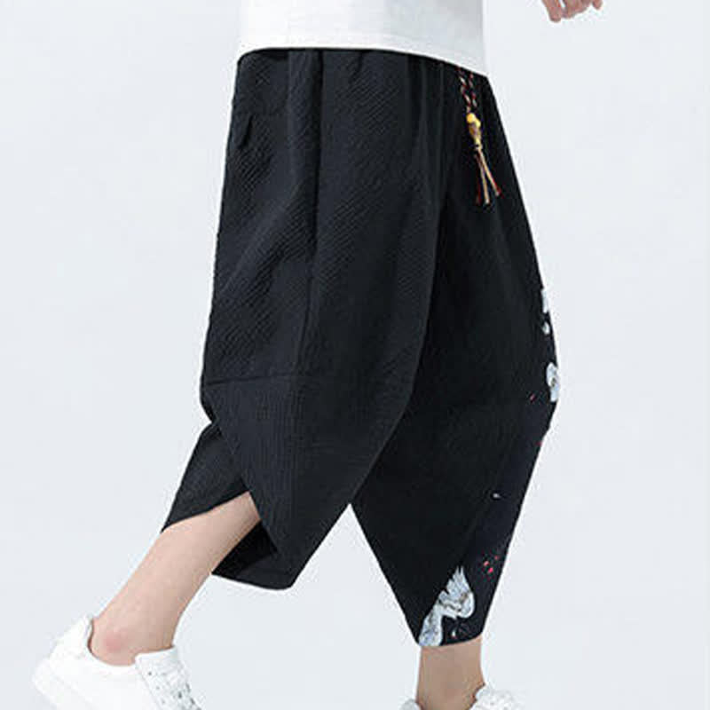 Buddha Stones 夏用ドローストリングタッセル鶴柄メンズハーレムパンツ - image 9
