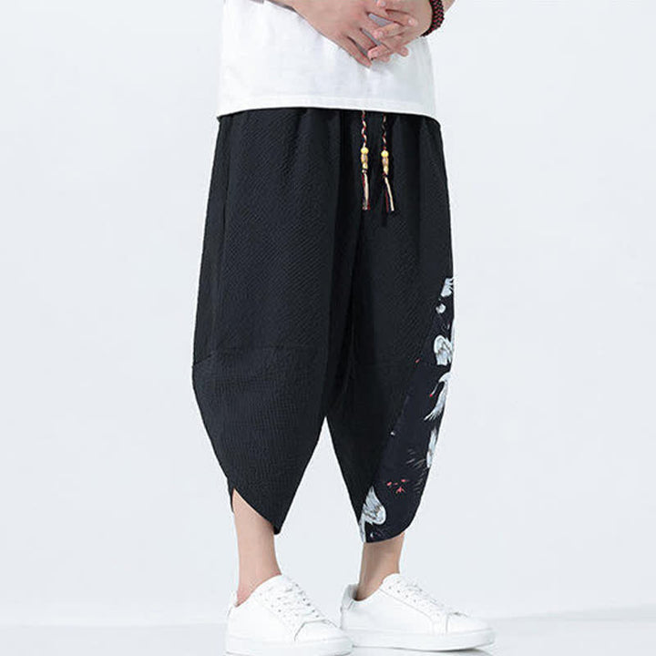 Buddha Stones 夏用ドローストリングタッセル鶴柄メンズハーレムパンツ - image 15