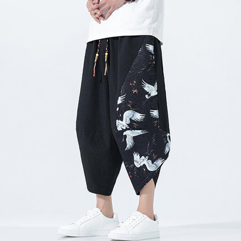 Buddha Stones 夏用ドローストリングタッセル鶴柄メンズハーレムパンツ - image 12