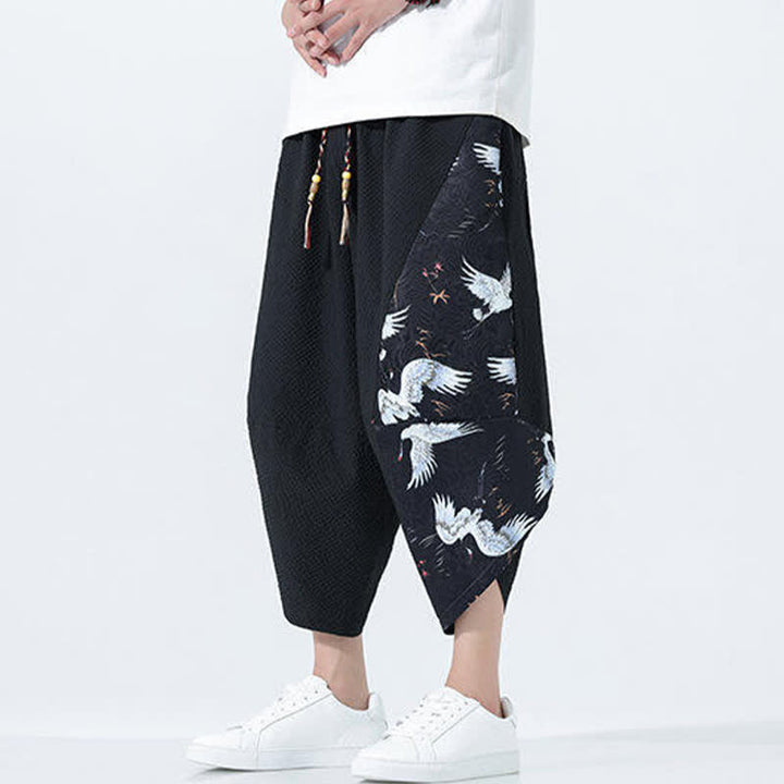 Buddha Stones 夏用ドローストリングタッセル鶴柄メンズハーレムパンツ - image 12