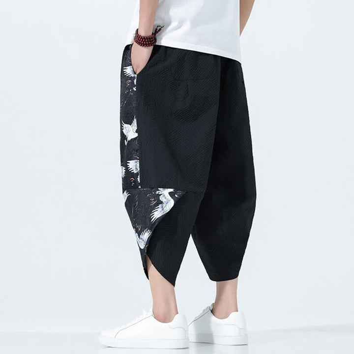 Buddha Stones 夏用ドローストリングタッセル鶴柄メンズハーレムパンツ - image 10