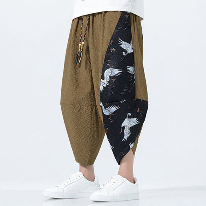 Buddha Stones 夏用ドローストリングタッセル鶴柄メンズハーレムパンツ - image 7