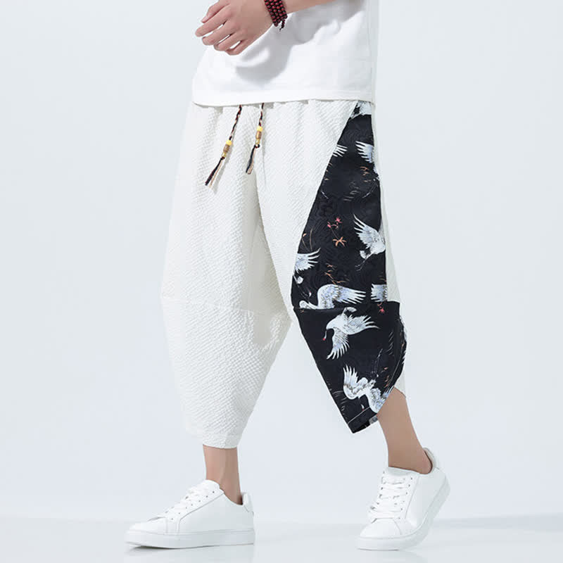 Buddha Stones 夏用ドローストリングタッセル鶴柄メンズハーレムパンツ - 白 - US/UK/AU46、 EU56 (5XL) - image 21