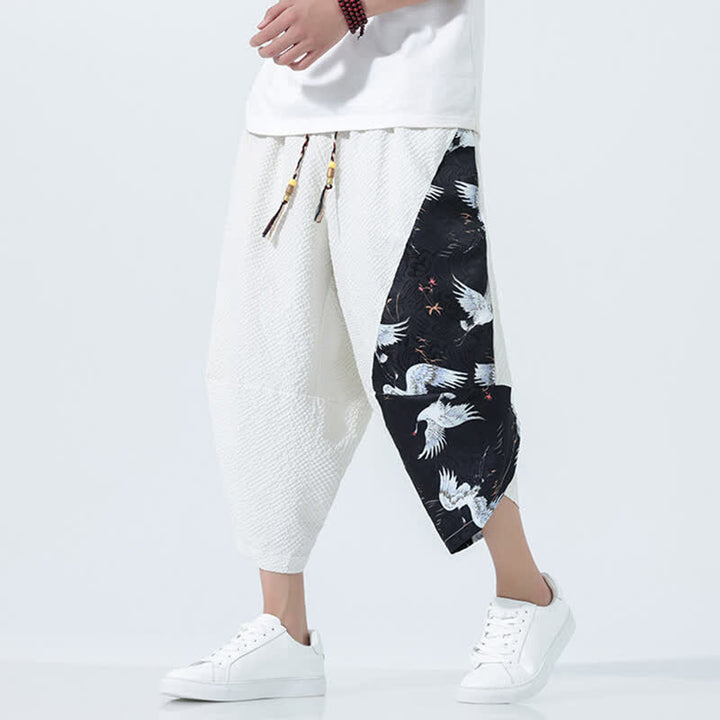 Buddha Stones 夏用ドローストリングタッセル鶴柄メンズハーレムパンツ - 白 - US/UK/AU46、 EU56 (5XL) - image 21