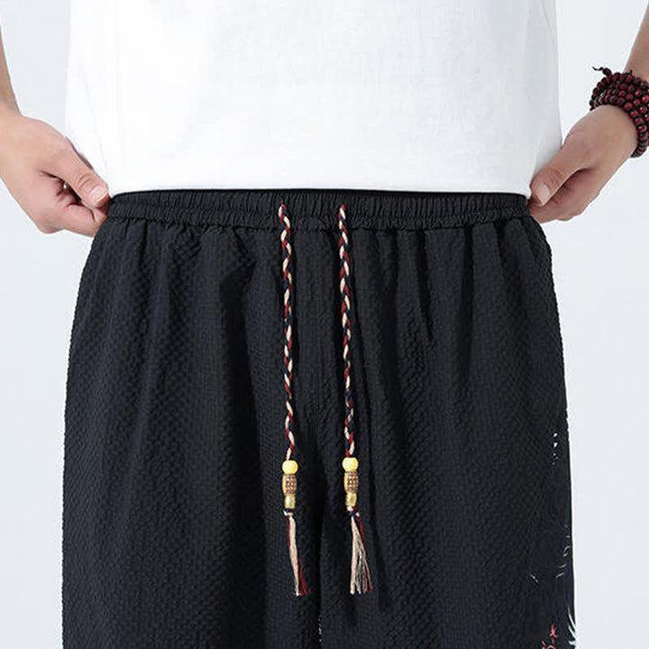 Buddha Stones 夏用ドローストリングタッセル鶴柄メンズハーレムパンツ - image 18