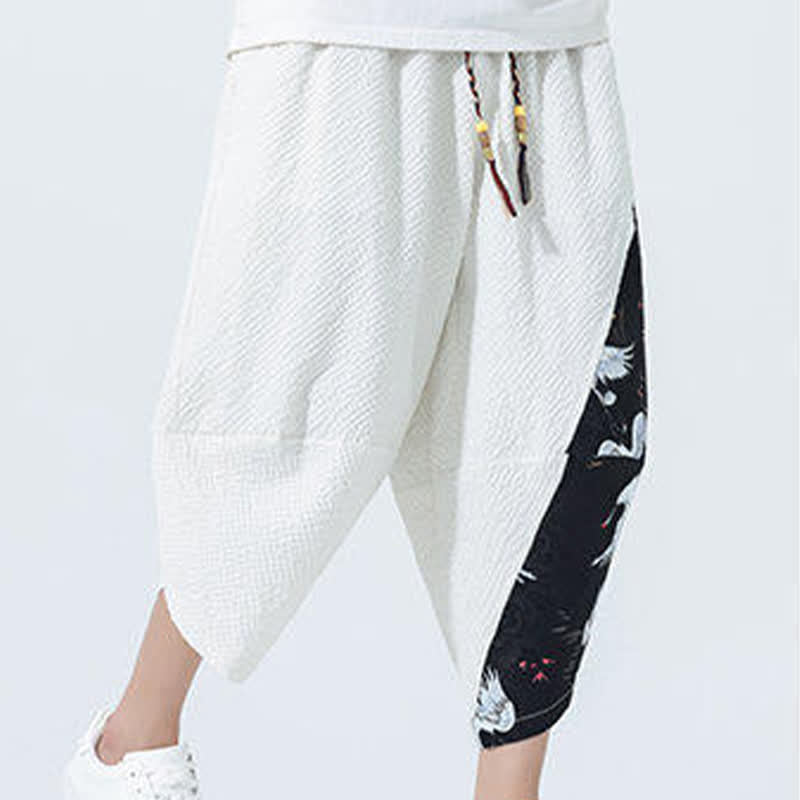 Buddha Stones 夏用ドローストリングタッセル鶴柄メンズハーレムパンツ - image 22