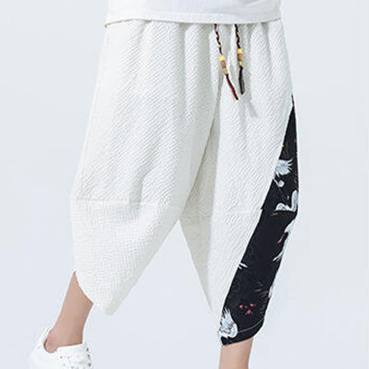 Buddha Stones 夏用ドローストリングタッセル鶴柄メンズハーレムパンツ - image 22
