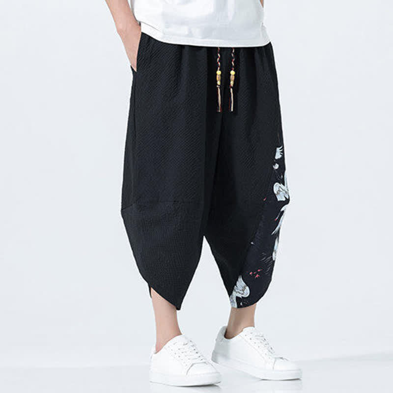 Buddha Stones 夏用ドローストリングタッセル鶴柄メンズハーレムパンツ - image 16