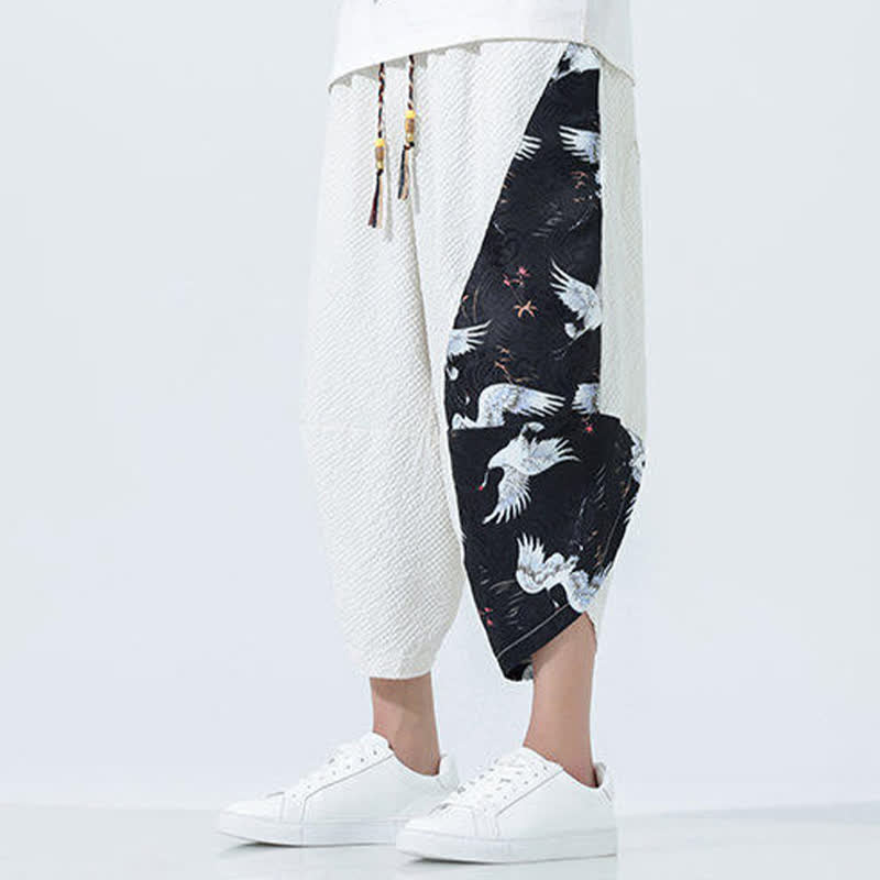 Buddha Stones 夏用ドローストリングタッセル鶴柄メンズハーレムパンツ - image 28