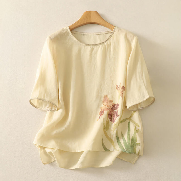 Buddha Stones 夏らしい花柄プリントのレディース半袖Tシャツ - ベージュ - US8-10，UK/AU12-14，EU40-42 (2XL) - image 10