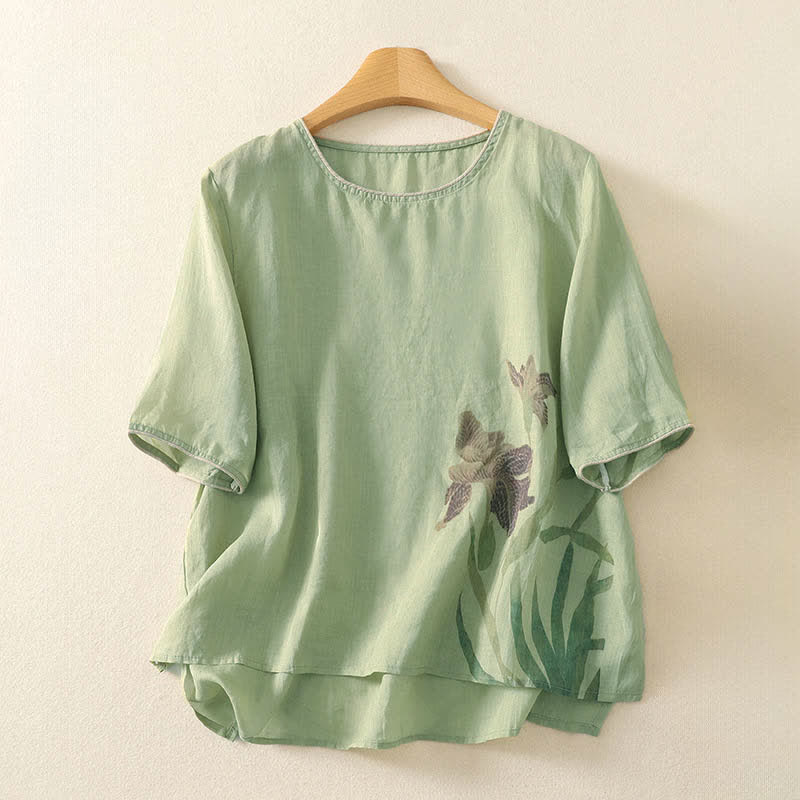 Buddha Stones 夏らしい花柄プリントのレディース半袖Tシャツ - 淡い緑色 - US8-10，UK/AU12-14，EU40-42 (2XL) - image 0