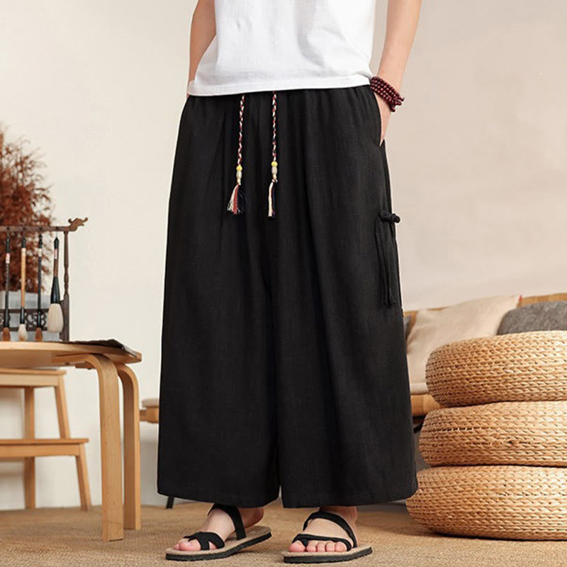 Buddha Stones 夏物メンズ無地ゴムウエストワイドレッグパンツ（ポケット付き） - 黒 - US/UK/AU46、 EU56 (5XL) - image 9