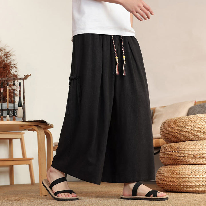 Buddha Stones 夏物メンズ無地ゴムウエストワイドレッグパンツ（ポケット付き） - image 11