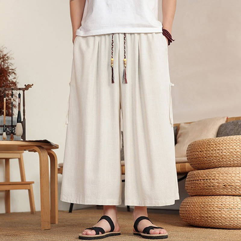 Buddha Stones 夏物メンズ無地ゴムウエストワイドレッグパンツ（ポケット付き） - image 5