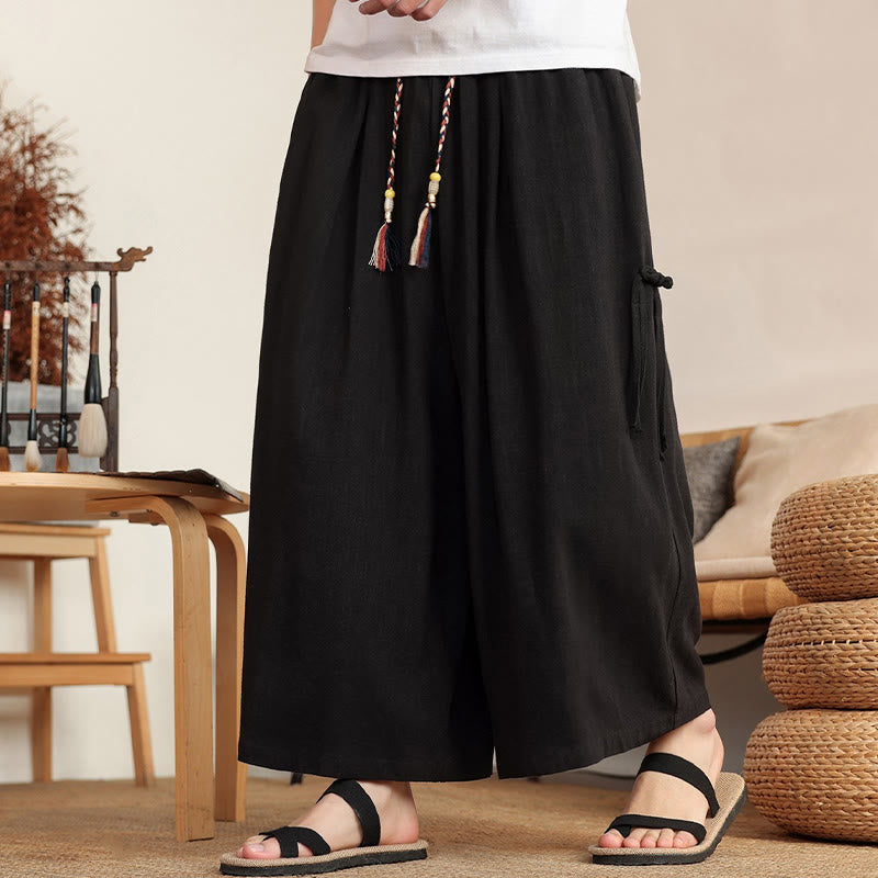 Buddha Stones 夏物メンズ無地ゴムウエストワイドレッグパンツ（ポケット付き） - image 14