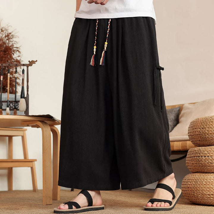 Buddha Stones 夏物メンズ無地ゴムウエストワイドレッグパンツ（ポケット付き） - image 14