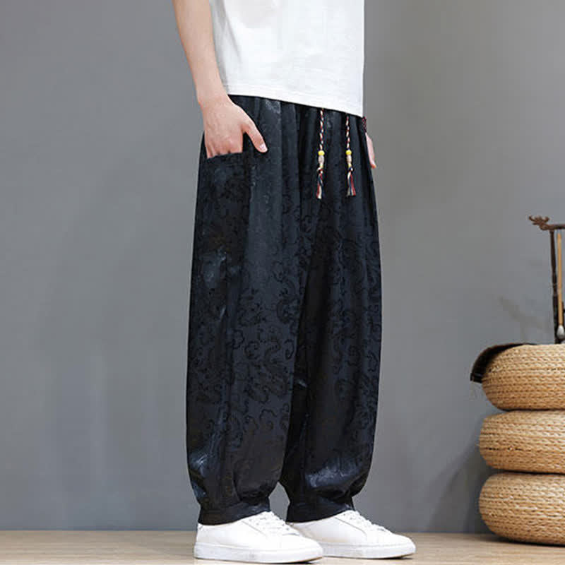 Buddha Stones 夏物 ドローストリング 雲柄 無地 ゴムウエスト メンズ ハーレムパンツ ポケット付き - image 6