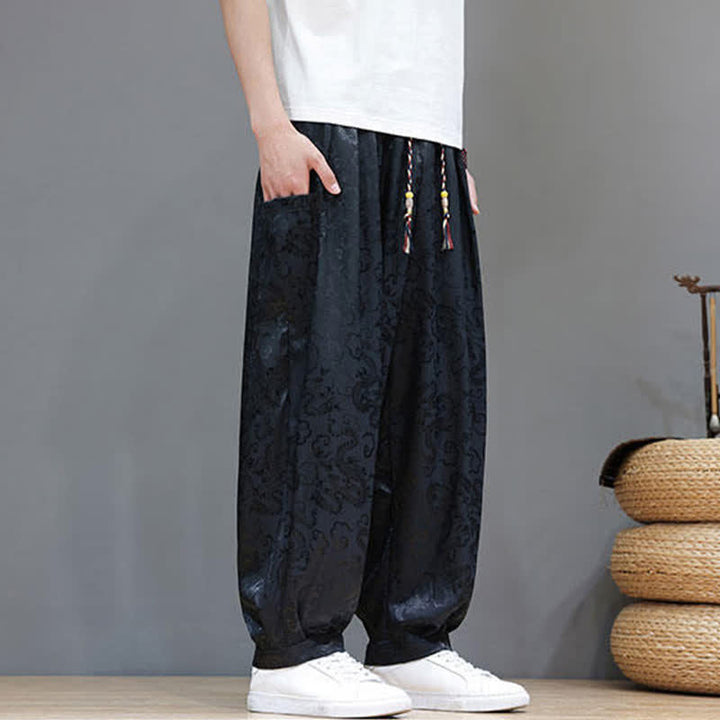 Buddha Stones 夏物 ドローストリング 雲柄 無地 ゴムウエスト メンズ ハーレムパンツ ポケット付き - image 6