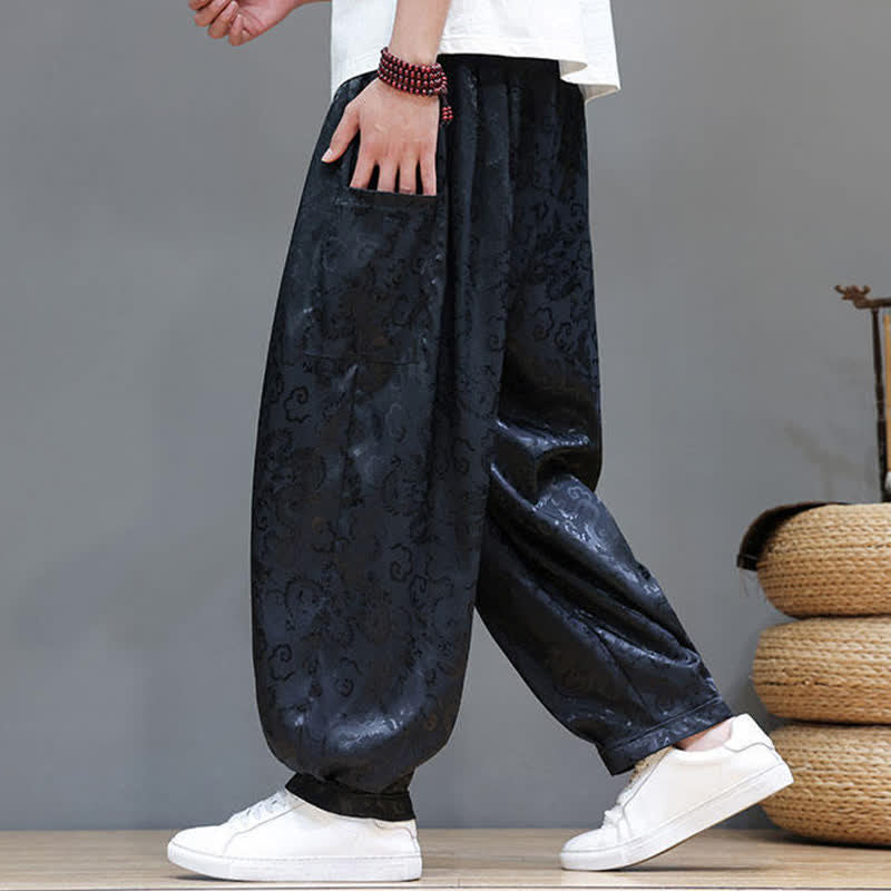 Buddha Stones 夏物 ドローストリング 雲柄 無地 ゴムウエスト メンズ ハーレムパンツ ポケット付き - image 3