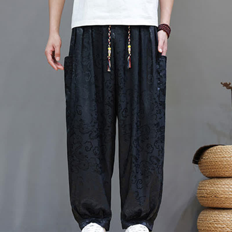 Buddha Stones 夏物 ドローストリング 雲柄 無地 ゴムウエスト メンズ ハーレムパンツ ポケット付き - image 5