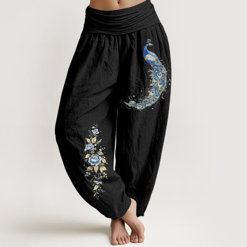 Buddha Stones ピュアコットン製、孔雀柄のレディース用ゴムウエストハーレムパンツ - 黒 - US16、 UK/AU20、 EU48 (3XL) - image 8