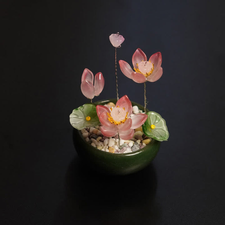 Buddha Stones 牡丹蓮六花植木鉢 手作り マインドフルリビング装飾 - 濃いピンク色の蓮の花 - image 0