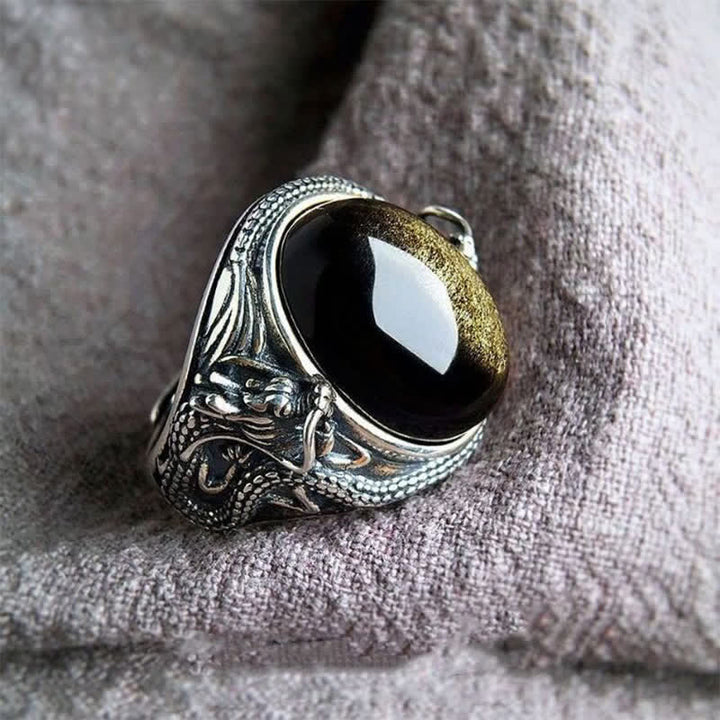 Buddha Stones 銅製ブラックオニキス製調節可能保護リング - image 1