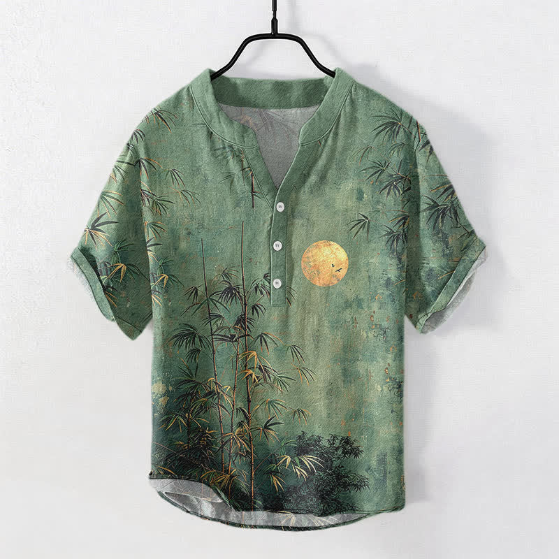Buddha Stones コットンインク竹柄金月模様メンズ半袖ハーフボタンシャツ - シーグリーン - US/UK/AU50、EU60（5XL） - image 0