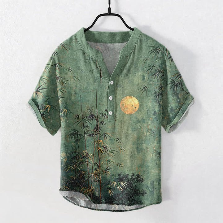 Buddha Stones コットンインク竹柄金月模様メンズ半袖ハーフボタンシャツ - シーグリーン - US/UK/AU50、EU60（5XL） - image 0