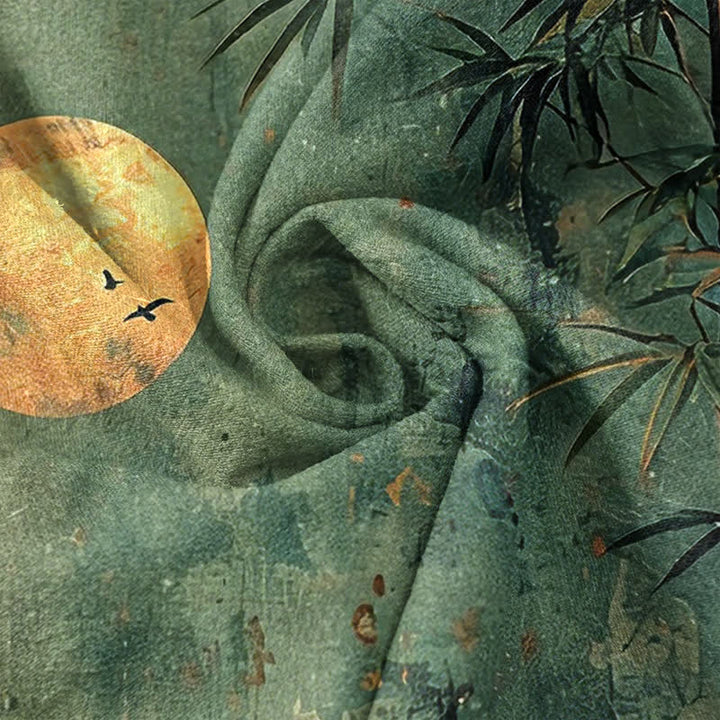 Buddha Stones コットンインク竹柄金月模様メンズ半袖ハーフボタンシャツ - image 4