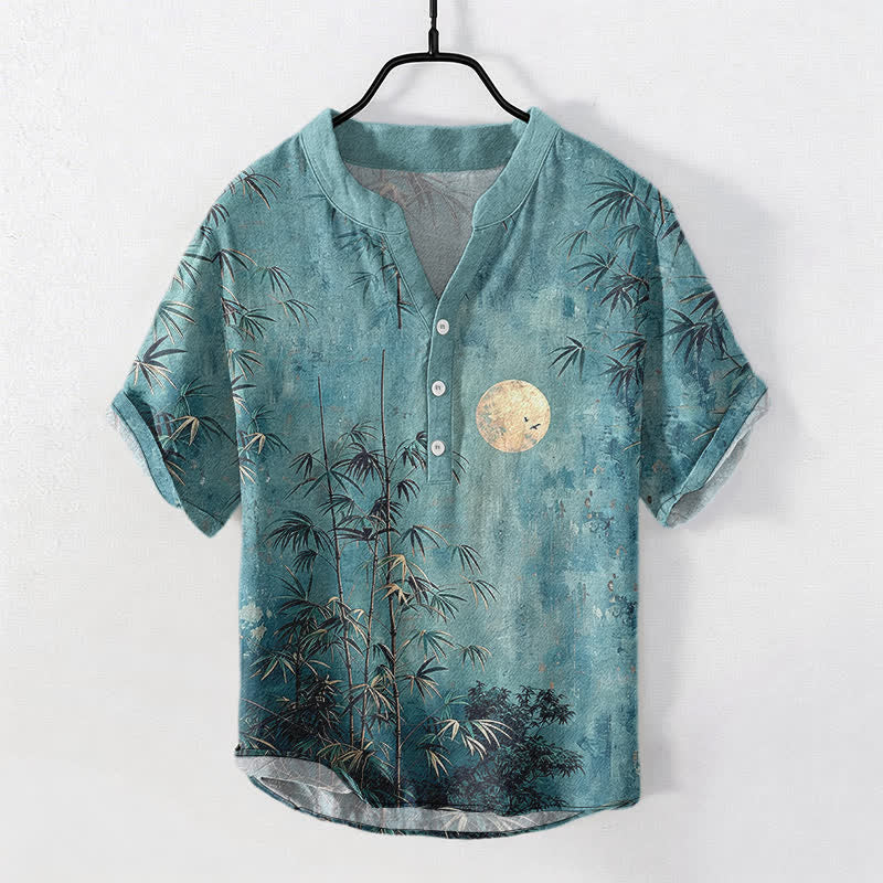Buddha Stones コットンインク竹柄金月模様メンズ半袖ハーフボタンシャツ - ティール - US/UK/AU50、EU60（5XL） - image 7