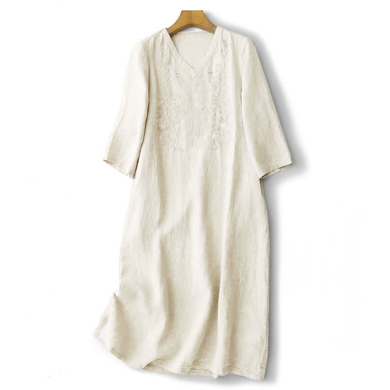 Buddha Stones 夏物刺繍入り無地レディース半袖ワンピース（ポケット付き） - ベージュ - US12、 UK/AU16、 EU44 (2XL) - image 7