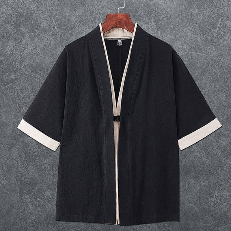 Buddha Stones 夏物ミニマリストVネックカエルボタン無地メンズ半袖着物 - 黒 - US/UK/AU46、 EU56 (5XL) - image 2