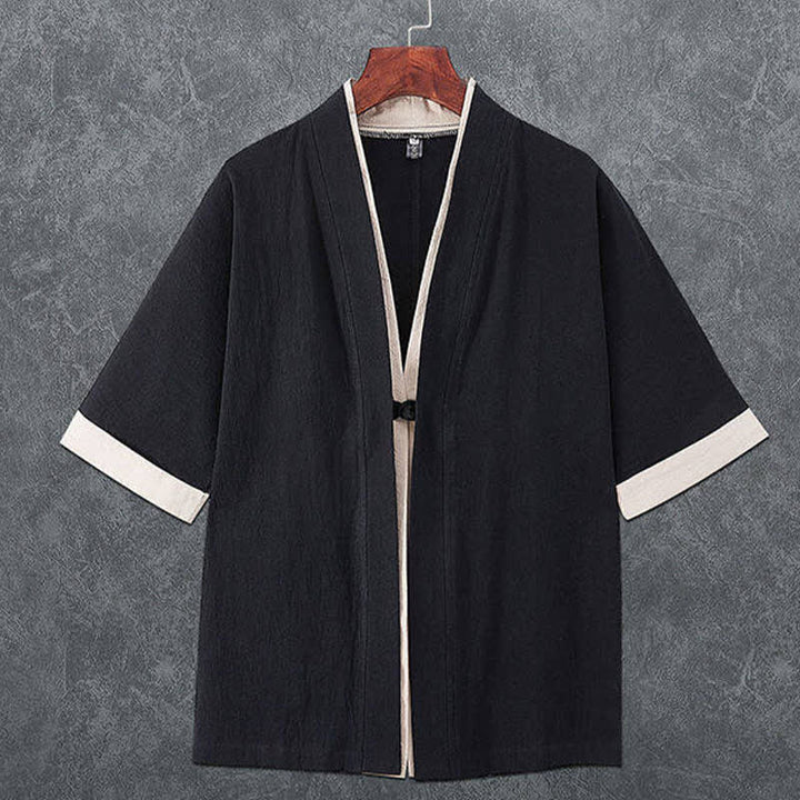 Buddha Stones 夏物ミニマリストVネックカエルボタン無地メンズ半袖着物 - 黒 - US/UK/AU46、 EU56 (5XL) - image 2