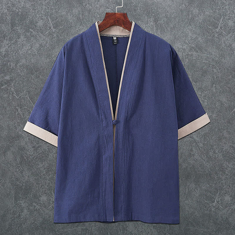 Buddha Stones 夏物ミニマリストVネックカエルボタン無地メンズ半袖着物 - スチールブルー - US/UK/AU46、 EU56 (5XL) - image 0