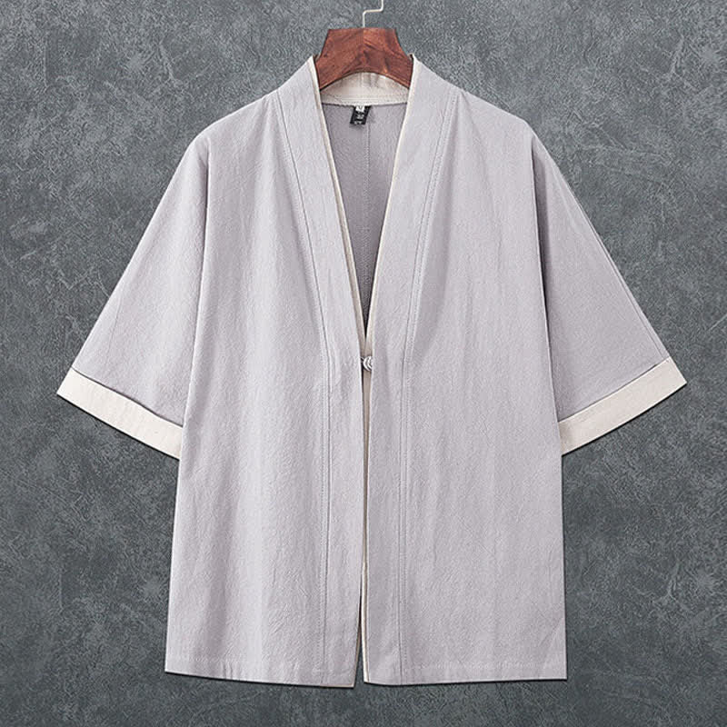 Buddha Stones 夏物ミニマリストVネックカエルボタン無地メンズ半袖着物 - ライトグレー - US/UK/AU46、 EU56 (5XL) - image 4