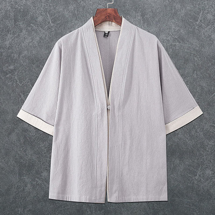 Buddha Stones 夏物ミニマリストVネックカエルボタン無地メンズ半袖着物 - ライトグレー - US/UK/AU46、 EU56 (5XL) - image 4