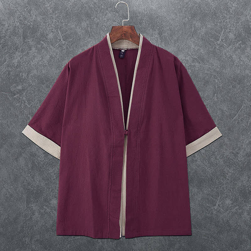 Buddha Stones 夏物ミニマリストVネックカエルボタン無地メンズ半袖着物 - マルーン - US/UK/AU46、 EU56 (5XL) - image 6