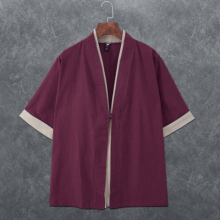 Buddha Stones 夏物ミニマリストVネックカエルボタン無地メンズ半袖着物 - マルーン - US/UK/AU46、 EU56 (5XL) - image 6