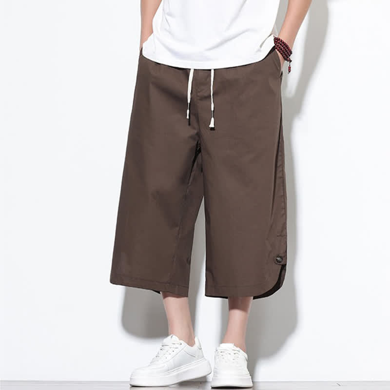 Buddha Stones 夏物カジュアル ドローストリング サイドスリット 無地コットン メンズ ハーレムパンツ ポケット付き - image 36