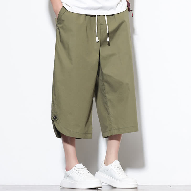 Buddha Stones 夏物カジュアル ドローストリング サイドスリット 無地コットン メンズ ハーレムパンツ ポケット付き - image 7